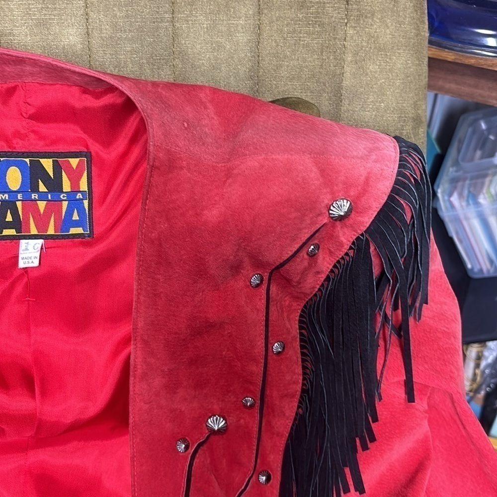 Tony Lama America red leather and suede fringe studded jacket vintage - Picture 14 of 16